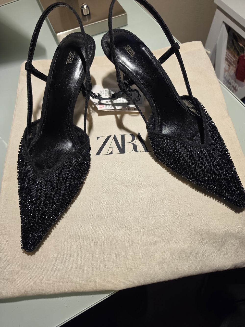 New ZARA Black Beaded Pointed Slingback Heels with Low Stiletto